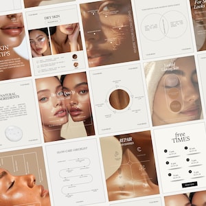 Könnte beinhalten: Eine Sammlung von Werbegrafiken zum Thema Hautpflege. Die Bilder zeigen Models, Text und Diagramme. Der Text enthält Sätze wie "Herbst-Hautpflege-Tipps", "Trockene Haut", "Natürliche Inhaltsstoffe" und "Freie Zeiten". Die Farbpalette ist neutral mit Beige- und Brauntönen.