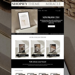 Könnte beinhalten: Website-Screenshot, das ein Shopify-Theme namens Miracle zeigt. Die Website hat ein Schwarz-Weiß-Farbschema mit einem minimalistischen Design. Die Website bietet ein Produkt namens "Course Workbook" und einen Abschnitt namens "Unsere Kollektionen" mit drei Kategorien: Planer, E-Book und Vorlage.