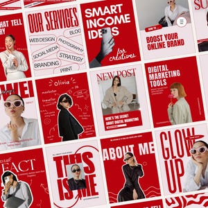 Puede incluir: Una colección de plantillas de redes sociales rojas y blancas con varios titulares e imágenes. Las plantillas presentan texto como "Nuestros servicios", "Ideas de ingresos inteligentes" y "Herramientas de marketing digital", junto con fotos de personas.