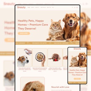 Peut inclure: Page d'accueil d'un site web de fournitures pour animaux de compagnie, avec un golden retriever et un chat roux. Le texte indique "Healthy Pets, Happy Homes - Premium Care They Deserve !" avec des images de produits en dessous. Une version mobile est également affichée.