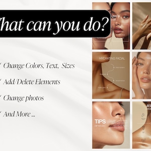 May include: A promotional image with the text "What can you do?" in a black rectangle. Below, bullet points list options: Change Colors, Text, Sizes; Add/Delete Elements; Change photos; And More... The image also includes beauty product advertisements.
