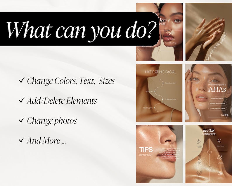 May include: A promotional image with the text "What can you do?" in a black rectangle. Below, bullet points list options: Change Colors, Text, Sizes; Add/Delete Elements; Change photos; And More... The image also includes beauty product advertisements.