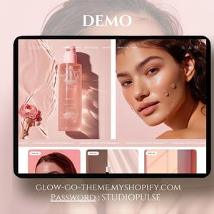 May include: A screenshot of a website with a pink and white color scheme. The website is for a skincare brand called "Glow-Go". The website features a product image of a clear bottle with a pink label and a woman's face. The website also features a call to action to "Explore our new product".