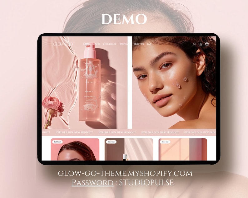 May include: A screenshot of a website with a pink and white color scheme. The website is for a skincare brand called "Glow-Go". The website features a product image of a clear bottle with a pink label and a woman's face. The website also features a call to action to "Explore our new product".