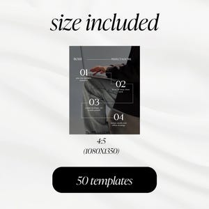 May include: A digital graphic with the text "size included" at the top. The image features a person using a laptop, with text boxes outlining steps: plan the day with intention, focus on deep client work, create strategy, and review results. The graphic also includes the text "50 templates".