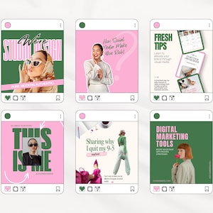 May include: Six social media-style graphics with pink and green backgrounds. Each graphic features a person or text, including "Studio Design," "How Social Media Make You Rich," and "Digital Marketing Tools."