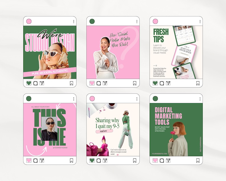 May include: Six social media-style graphics with pink and green backgrounds. Each graphic features a person or text, including "Studio Design," "How Social Media Make You Rich," and "Digital Marketing Tools."