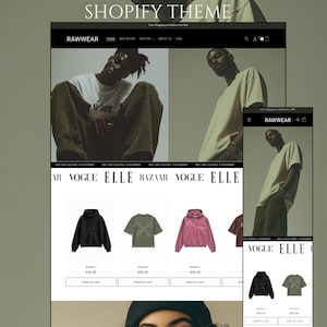 May include: A website mockup for a Shopify theme, displaying an online clothing store. The design uses a monochrome palette, with product displays and navigation menus. The website features the brand name "RAWWEAR" and the text "VOGUE ELLE".