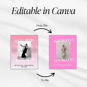 May include: A graphic showing two pink social media templates with the text "Editable in Canva." The first template says "Social Media" and "Boost your sales - digital marketing made simple." The second template says "New Product."