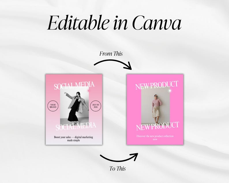 May include: A graphic showing two pink social media templates with the text "Editable in Canva." The first template says "Social Media" and "Boost your sales - digital marketing made simple." The second template says "New Product."