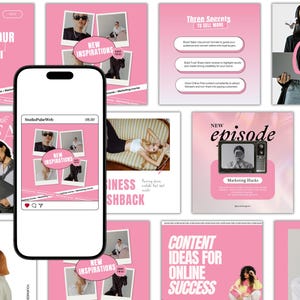 May include: A collection of pink social media templates with white text. The templates include phrases like "Create Your New Big Deal Content", "Three Secrets To Sell More", and "New Inspirations". A smartphone displays a social media post.