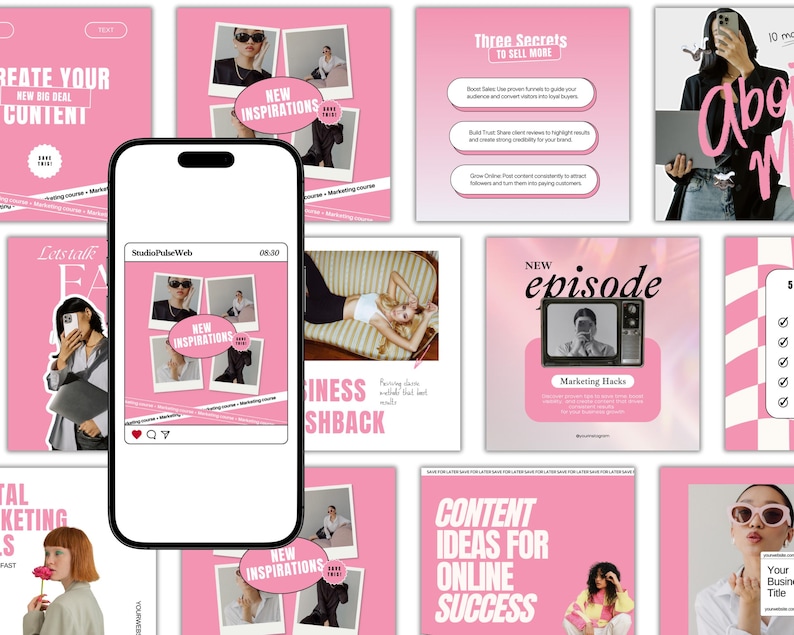 May include: A collection of pink social media templates with white text. The templates include phrases like "Create Your New Big Deal Content", "Three Secrets To Sell More", and "New Inspirations". A smartphone displays a social media post.