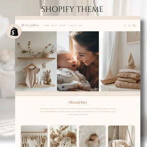 Peut inclure: Page d'accueil d'un site web pour une marque de vêtements pour enfants appelée Mimi&Moi. Le site web présente une palette de couleurs brun clair avec des images d'enfants portant les vêtements de la marque. Le site web propose également un appel à l'action pour en savoir plus sur la marque.