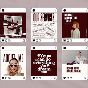 Pu&ograve; includere: Sei grafiche in stile Instagram con schema di colori bordeaux e bianco. Le grafiche promuovono servizi e ispirazione, con testo tra cui "I nostri servizi", "Strumenti di marketing digitale" e "Aumenta il tuo marchio online".