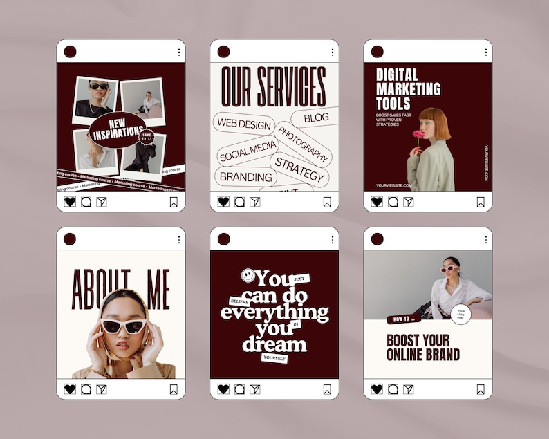 Pu&ograve; includere: Sei grafiche in stile Instagram con schema di colori bordeaux e bianco. Le grafiche promuovono servizi e ispirazione, con testo tra cui "I nostri servizi", "Strumenti di marketing digitale" e "Aumenta il tuo marchio online".