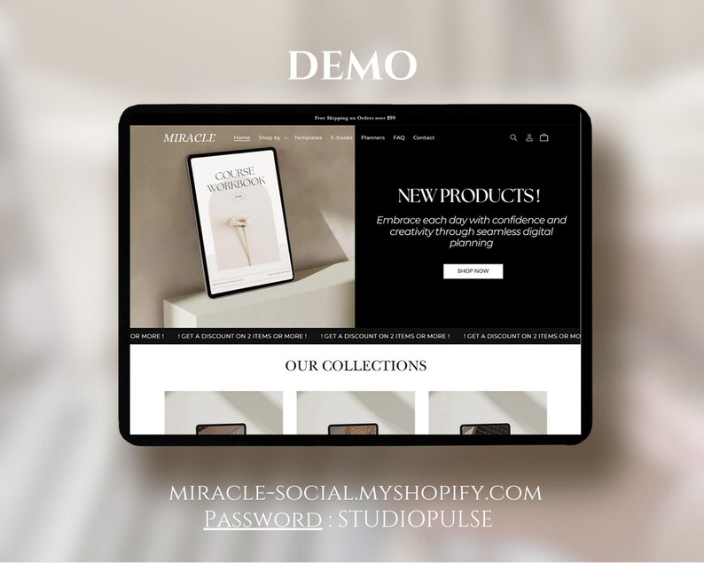 K&ouml;nnte beinhalten: Ein Computerbildschirm zeigt eine Website f&uuml;r ein digitales Planungsunternehmen namens Miracle. Die Website zeigt ein Schwarzwei&szlig;bild eines Kursarbeitsbuchs und einen Call-to-Action, um neue Produkte zu kaufen. Die Website bietet auch einen Bereich f&uuml;r Sammlungen.