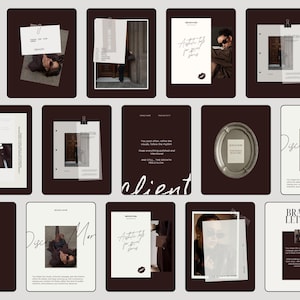 Peut inclure: Une collection de modèles numériques pour réseaux sociaux présentant une palette de couleurs brun foncé et crème. Les mises en page incluent divers cadres, zones de texte et éléments photographiques avec typographie et trombones.