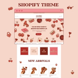 Op de afbeelding: Een website-mockup met een roze en wit thema, met stickers. De bovenste banner luidt "Shopify Theme" en "Factory Stickers". De site bevat stickers met een retro-thema, waaronder kersen, sleutels en dobbelstenen. De tekst luidt "Leuke en retro stickers om je dag op te fleuren."