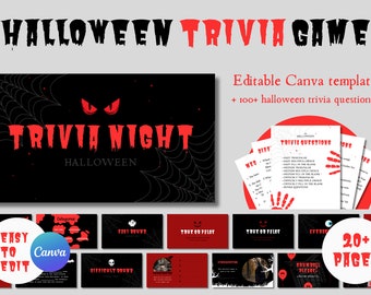 halloween trivia, trivia game, editable canva template, 100+ trivia questions, halloween activity, sleepover games, teen trivia night 2022