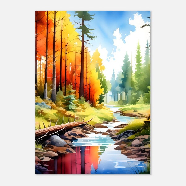 colorfull forest with little river in Watercolor