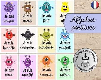Affiches pour enfants | Monstres citations inspirantes | Affirmations positives pour la confiance en soi | Déco chambre, école ... | French