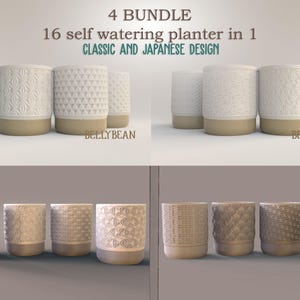 Puede incluir: Un conjunto de dieciséis macetas autorregantes con diseños clásicos y japoneses. Las macetas son blancas con bases beige y presentan varios patrones en relieve. El texto "4 BUNDLE" y "16 self watering planter in 1" es visible.
