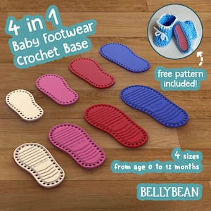 May include: Four different sizes of crochet baby shoe soles in various colours, including pink, red, blue, and beige. The soles are made of a textured material and have a hole pattern around the edges. The image also includes a pair of crocheted baby shoes with a free pattern included.