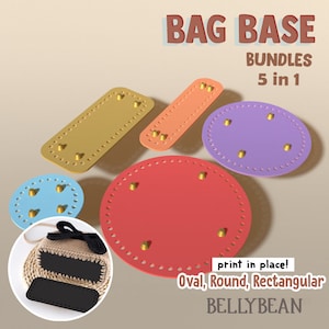 May include: Five different bag base templates for crafting. The templates are in various colours and shapes, including oval, round, and rectangular. The text "BAG BASE BUNDLES 5 in 1" is at the top of the image. The text "print in place! Oval, Round, Rectangular BELLYBEAN" is at the bottom of the image.