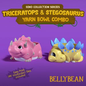 Puede incluir: Un combo de cuencos de hilo con un Triceratops rosa y un Stegosaurus amarillo. Ambos dinosaurios tienen detalles azules y están impresos en 3D. También se puede ver el texto "Easy Print 3MF (multicolor) files included" y "BELLYBEAN".