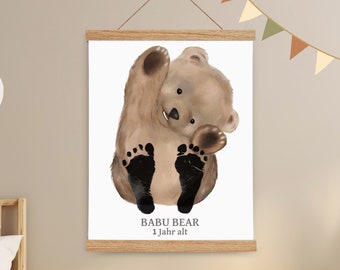 Baby Geschenk Personalisiert - Fußabdruck Baby Set - Baby Abdruckset - Baby Fußabruck Tiere - Wandbild Baby- & Kinderzimmer, Babu Bear