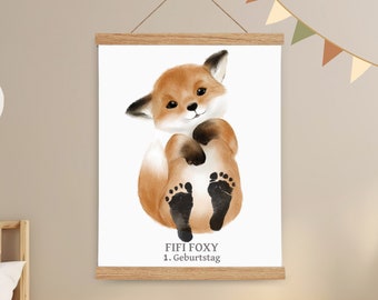 Baby Geschenk Personalisiert - Fußabdruck Baby Set - Baby Abdruckset - Baby Fußabruck Tiere - Wandbild Baby- & Kinderzimmer, Fifi Foxy