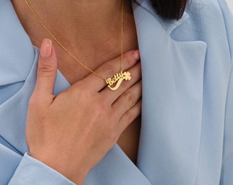 14K Gold Clover Name Necklace, Valentine's Jewelry, Personalized Necklace, Valentine's Gifts For Her, Handmade Necklace, Gift for Teacher