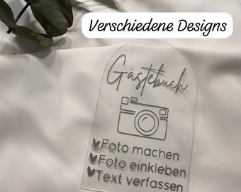 Gästebuch Schild mit Fuß- Tischdeko Hochzeit - Acrylbogen - Acryl Schild Gästebuch - Hochzeitsdeko