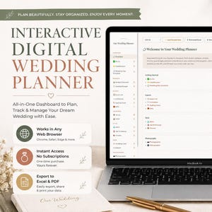 Planificador de bodas interactivo HTML / Panel de control digital con múltiples pestañas, seguimiento de presupuesto y lista de invitados, aplicación sin instalación.