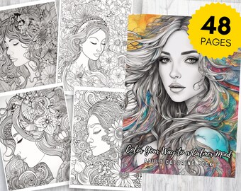 May include: A black and white coloring book with 48 pages featuring intricate illustrations of women with floral designs in their hair. The cover features the text "Color Your Way to a Calmer Mind Adult Coloring Book".