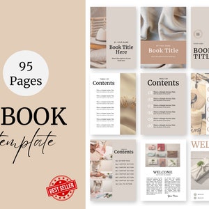 Op de afbeelding: Een digitale e-book sjabloon met 95 pagina's. De sjabloon heeft een beige achtergrond met een witte tekstbox die "95 pagina's" en "E-book sjabloon" zegt. De tekst "CANVA" staat in een witte box met een beige achtergrond. Een rode stervormige sticker met de tekst "BEST SELLER" staat in de rechterbenedenhoek. De sjabloon is ontworpen voor gebruik met Canva.