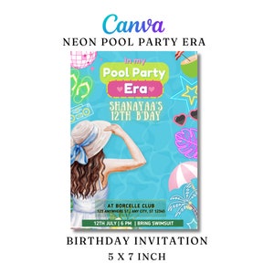 Birthday Era Invitation Pool, Pool Party Era, Eras Party Decorations, Beach Invite, Summer Birthday Invite, Pool Party Birthday, Neon Invite