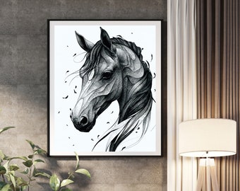 Une illustration complexe en noir et blanc d'un cheval. Faites preuve d'imagination pour décorer votre maison ou votre bureau. Décorations murales, cadres, affiches d'art, oeuvres d'art déco