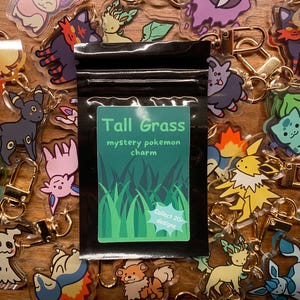 May include: A close-up of a small, black pouch with a white label that reads "Tall Grass mystery pokemon charm Collect 20+ designs". The pouch is surrounded by a variety of colourful, clear plastic charms featuring different Pokemon characters.