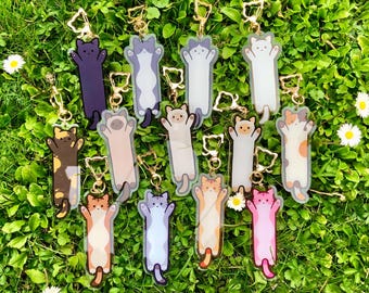 May include: A set of 12 colorful cat charm keychains. Each keychain features a different cat design with a variety of colors and patterns. The keychains are made of clear acrylic and have a gold metal ring.