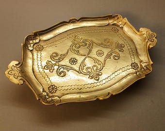 Vintage Solid Brass Small Heavy Tray – Hollywood Regency – Ornate Cast Brass Vanity or Serving Tray – European Mid Century – 11" x 7"