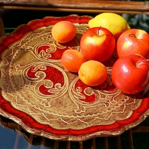 Vintage Tray, Original Florentine Italian Red and Gold Tray, Round Tray, Red/Gold Original Florentine Tray, Breakfast tray - Diameter 34 cm