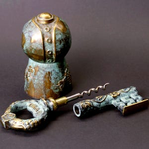 Vintage-Weinset – Flaschenverschluss aus Kupfer & Korkenzieher aus Messing – VINO Weinreben-Barzubehör
