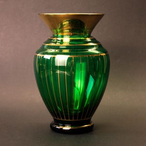 Vintage green glass vase with gold trim