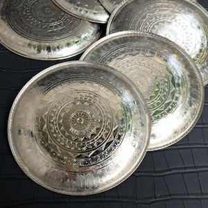 Vintage Set of 6 Silver Plated Coasters with Lace Ornament - Silver Plated Coasters with Embossed Ornament - Oriental Silver Plated Coasters