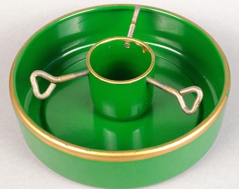 Vintage German Christmas Tree Stand — Green Enamel Metal Base with Gold Trim | Mid Century Holiday Decor