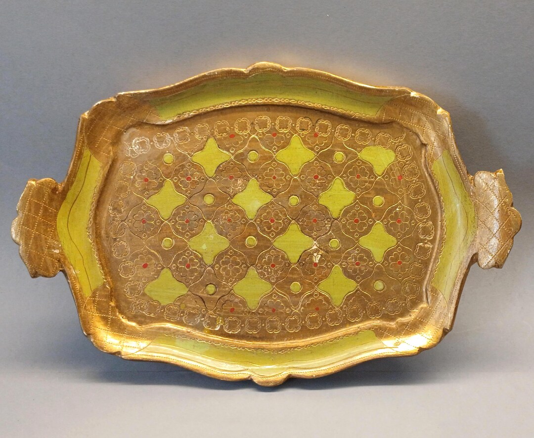 Vintage Florentine Wooden Tray 11,8” – Italian Tole Style Gold & Green ...