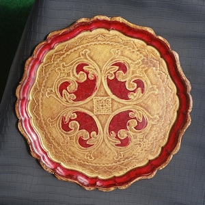 Vintage Tablett, Original Florentiner Italienisches Rot und Gold Tablett, Rundes Tablett, Rot / Gold Original Florentiner Tablett, Frühstückstablett - Durchmesser 34 cm