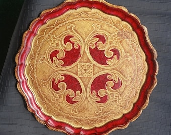 Vintage Tablett, Original Florentiner Italienisches Rot und Gold Tablett, Rundes Tablett, Rot / Gold Original Florentiner Tablett, Frühstückstablett - Durchmesser 34 cm