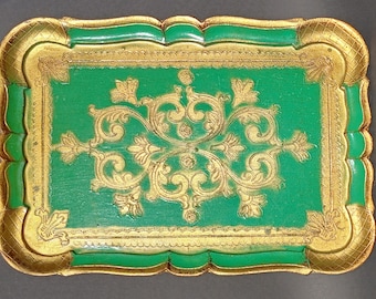 Vintage Florentiner Italienisches Grün und Gold Serviertablett/Rechteckiges Shabby Tablett/Gold Dekoratives Florentiner Kunststoff Tablett